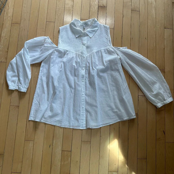 ANTHROPOLOGIE Eri+Ali Pintuck Open Shoulder Button Down White Blouse size medium - Picture 6 of 9